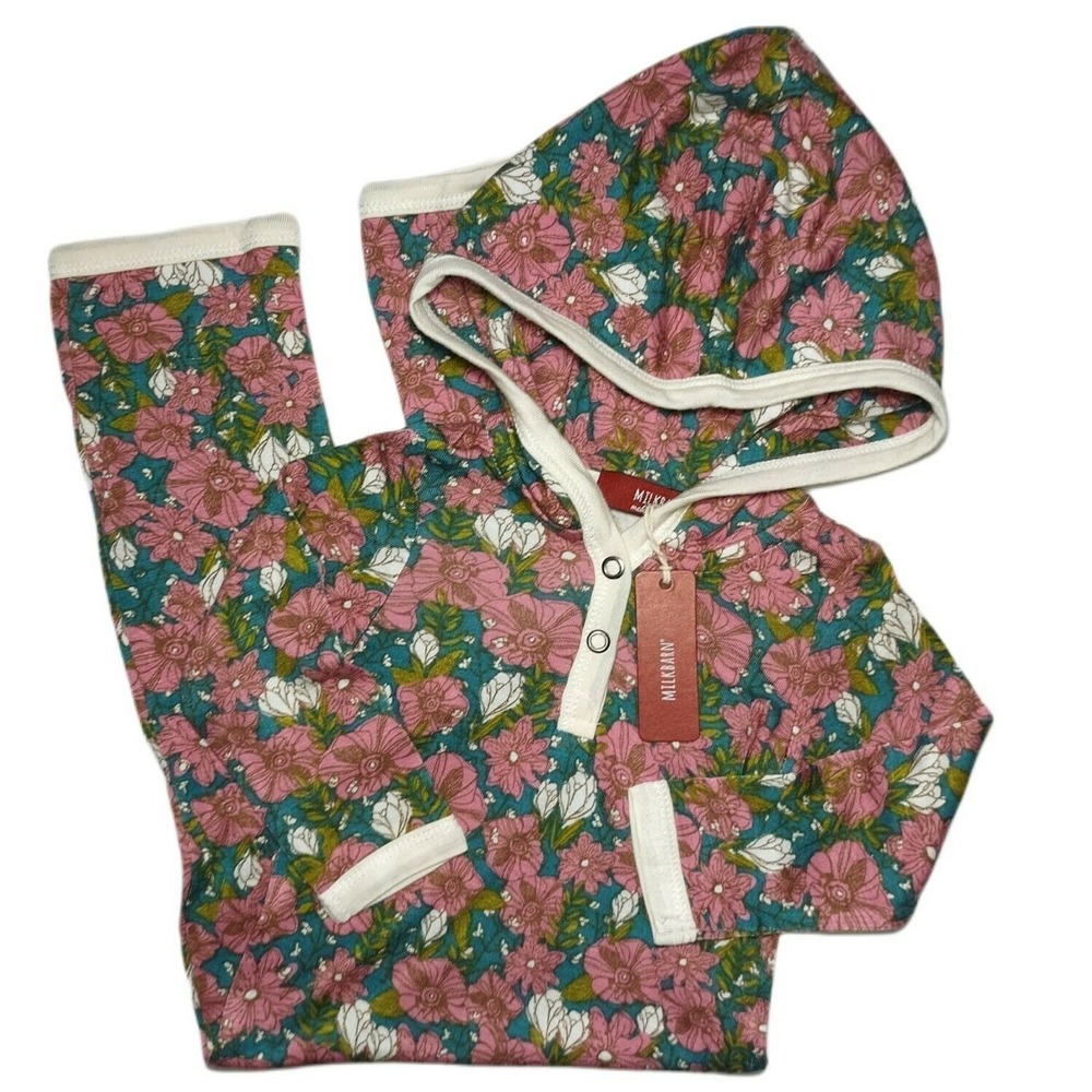 MILKBARN Teal Floral 3 6 Mos Hooded Longall Outfit Rayon Bamboo Baby Girl Romper